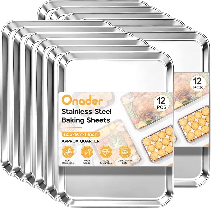 Onader 9 x 13 Inch Baking Sheet Set of 12, Stainless Steel Quarter Sheet Pan for Baking & Roasting, Metal Cookie Toaster Oven Pan Tray, Heavy Duty & Dishwasher Safe (Actual Size: 12.5" x 9.7")