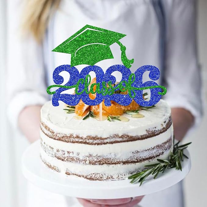 1 Pack Class of 2026 Cake Topper Glitter Congrats Grad Cap 2026 Graduation Cake Pick for 2026 Graduation Theme High School Boys Girls Graduate Party Cake Decorations Supplies Blue Green