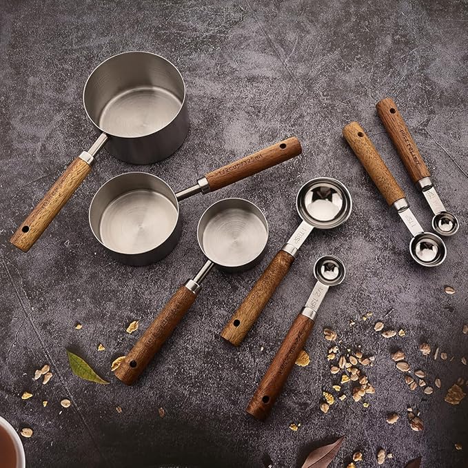 8 pieces Silvery Measuring Cups Set and Measuring Spoons Set with Scale, BRIIEC Wooden Handle Stainless Steel Dry & Liquid Measuring Cup for Cooking Baking