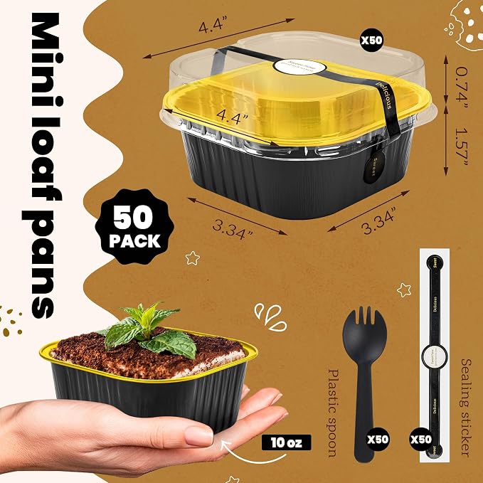NPLUX 50 Pcs Mini Square Baking Cups with Lids and Spoons Aluminum Foil Mini Cake Pans with Lids Disposable Ramekins Cake Pans Dessert Cups for Wedding, Graduation Gifts Party Favors(Black Gold,10oz)