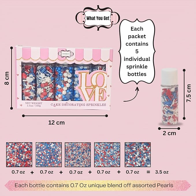 Confect Edible Cake Sprinkles | Assorted Pack of 5 Patriotic Mix Red, Blue, Silver & White Sprinkles | Mix Heart & Star Sprinkles For Cake & Cupcake Decorations | Vegan, Gluten-Free, Soy-Free, Dairy-Free, Palm Oil-Free- 5 Oz