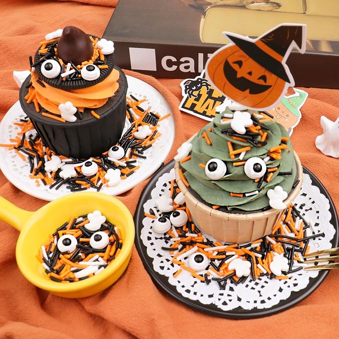 Halloween Sprinkles, Edible Candy Eyes Ghost Mix Halloween Cake Decorations, 4.6oz Black White Orange Jimmies Sprinkles for Cake Decorating