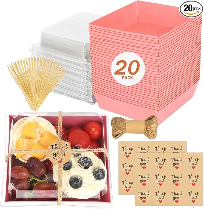 20Pcs Small Charcuterie Boxes with Clear Lids - Paper Mini Charcuterie Boxes To Go, Disposable Food Container with Lid, Dessert Boxes for Sandwich, Cookie, Sushi, Cake Slice, and Strawberries, Pink