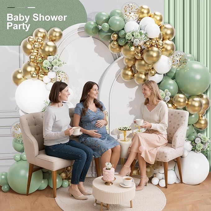 Sage Green White Gold Balloon Garland Arch Kit 156 Pcs Different Sizes 18 12 10 5 Inch Green Latex Metallic Confetti Balloons for Birthday Baby Shower Gender Reveal Wedding Safari Forest Decorations