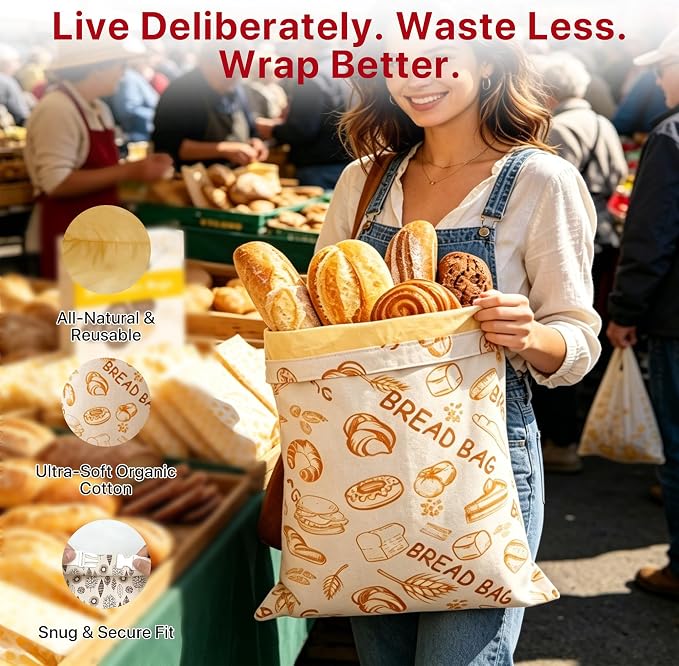 Reusable Beeswax Bread Bags Sourdough - Large Linen Bees Wax Bag for Storage Homemade Loaf - Cotton and Waxed Wrap Lined Container Lined for Sour Dough Fresh Food - Sealable Bread Keeper 2PK Set Gifts
