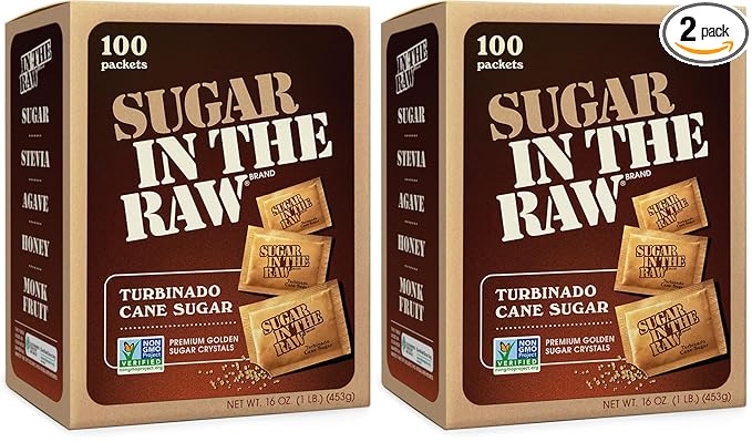 Sugar In The Raw Turbinado Cane Sugar Packets, 100 Ct, Pure, All-Natural Turbinado Sugar, Non-GMO Project Verified, Kosher, Vegan and Gluten Free (Pack of 2)