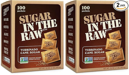 Sugar In The Raw Turbinado Cane Sugar Packets, 100 Ct, Pure, All-Natural Turbinado Sugar, Non-GMO Project Verified, Kosher, Vegan and Gluten Free (Pack of 2)