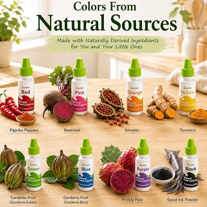 Natural Food Coloring - 8 Colors Dye Free Food Coloring, Free from FD&C Dyes & Artificial Colors, Gluten Free, Concentrated Formula for Baking, Frosting, Icing, Cookies, Drinks, Easter Eggs & Holiday Treats (0.25 fl oz Each)