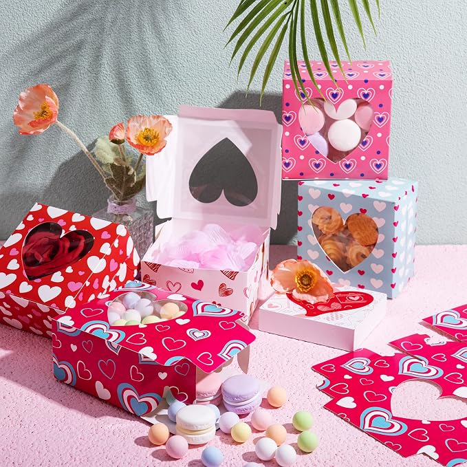JOYIN 24 Pcs Valentine’s Day Bakery Treat Boxes,Valentines Cupcake Boxes,Cookie Cardboard Boxes with with Heart PVC Window for Holiday Pastries,Wedding Doughnut