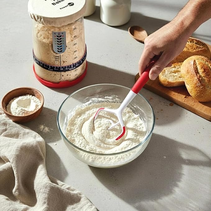 KneadAce Dough Wand, Danish Dough Whisk for Sourdough Baking, Dough Mixer with Silicone Scraping Edges, Self Standing Bowl Mixing Tool (White/Red)