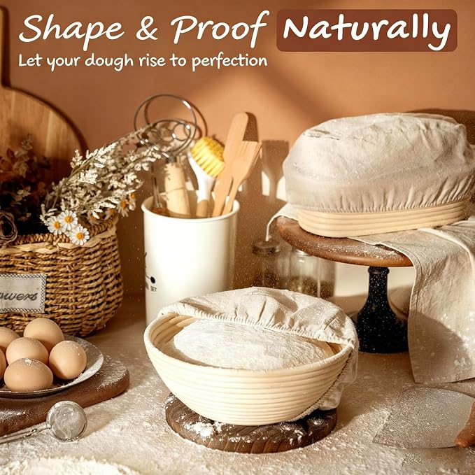 Beginner Sourdough Starter Kit - 9" Round & 10" Oval Banneton Proofing Baskets with Glass Starter Jar, Bread Sling, Dough Scrapers, Cooling Rack - Complete Homemade Baking Gift Set