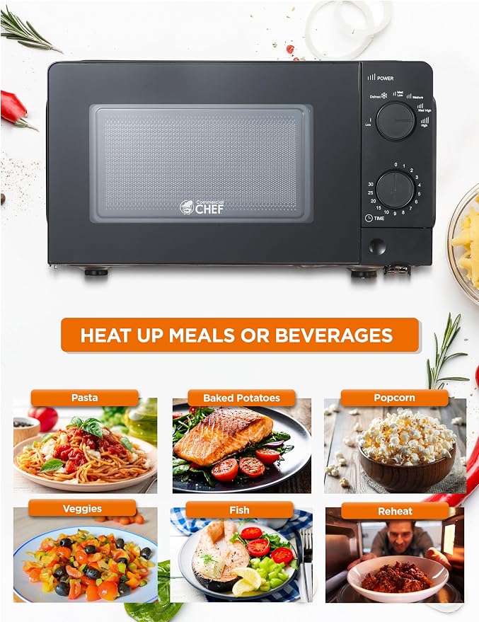 Commercial Chef 0.6 Cu. Ft. Countertop Microwave Oven, Mechanical Dial Controls, 700W, Pull Handle Door, 6 Power Levels, CHM660B, Black
