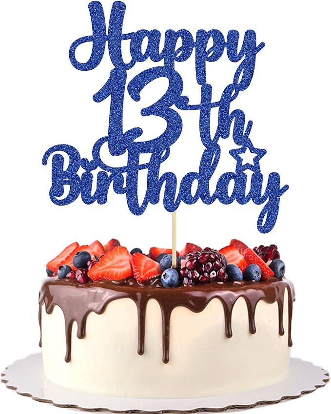 Gyufise 1Pc Happy 13th Birthday Cake Topper Glitter 13 & Fabulous Official Teenager 13 Birthday Cake Pick for Celebrating 13th Birthday Anniversary Party Cake Decorations Supplies Blue