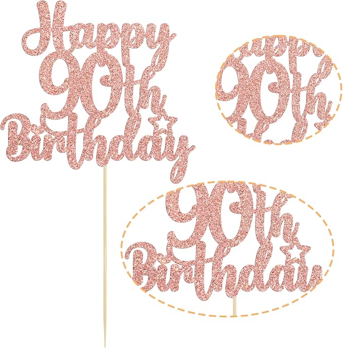 Gyufise 1Pc Happy 90th Birthday Cake Topper Glitter 90 & Fabulous Cheers to 90 Years Old Birthday Cake Pick for Celebrating 90th Birthday Anniversary Party Cake Decorations Supplies Rose Gold