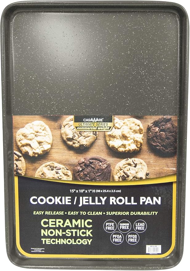 casaWare 15 x 10 x 1-Inch Ultimate Series Commercial Weight Ceramic Non-Stick Coating Cookie/Jelly Roll Pan (Silver Granite)