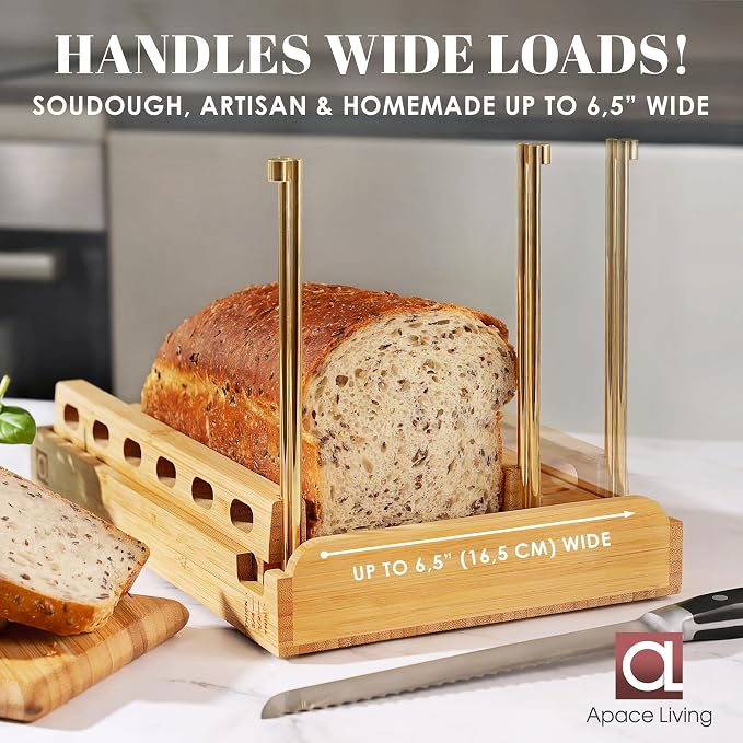 DITTO 2.0 Bamboo Bread Slicer for Homemade Bread - 6.5" Wide Adjustable Bread Slicer Guide Cuts Even Slices, 4 Thickness Options - Works with Buns, Bagels - Incl Crumb Tray