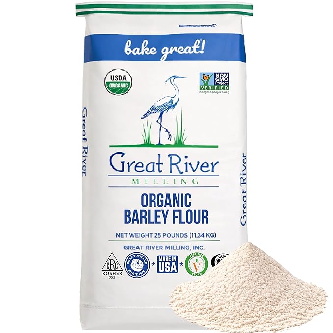 Great River Milling Organic Barley Flour | Unbleached, Unbromated, Non-GMO, Kosher | High Fiber, Nutty Flavor Perfect for Breads, Pancakes, & More | 25 Lb