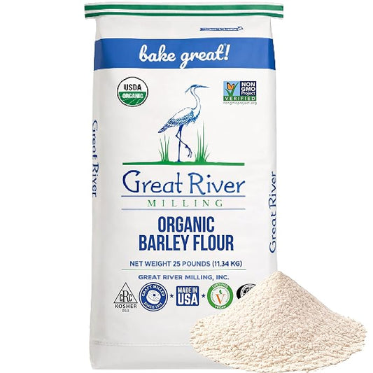 Great River Milling Organic Barley Flour | Unbleached, Unbromated, Non-GMO, Kosher | High Fiber, Nutty Flavor Perfect for Breads, Pancakes, & More | 25 Lb