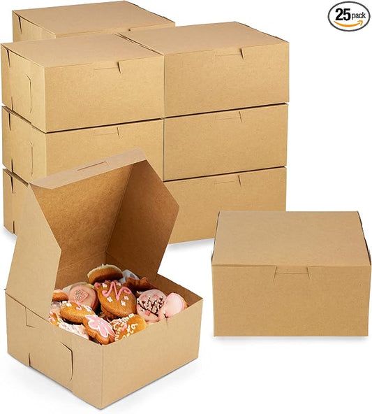 Fit Meal Prep 25 Pack Kraft Bakery Boxes, 6 x 6 x 3 Inches Brown Pastry Boxes, Cardboard Treat Boxes Pie Boxes Cookie Boxes Dessert Boxes for Cupcakes, Chocolates, Donuts, Macarons