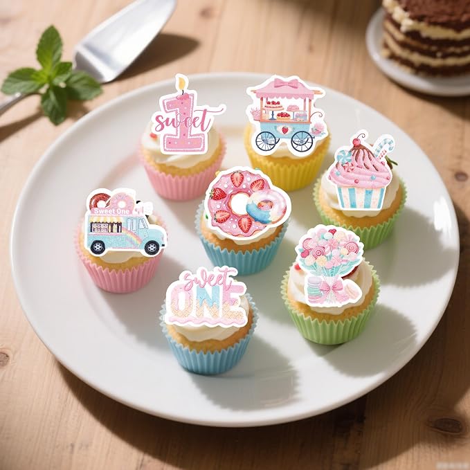 63 PCS Edible Strawberry Cupcake Toppers Sweet One Berry Donut Cupcake Picks Edible Strawberry 1st Birthday Cake Decorations for Baby Shower First Birthday Party Cake Dessert Decorations Supplies