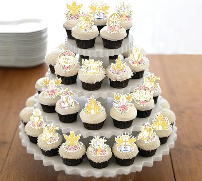 60 PCS Edible God Bless Cupcake Toppers Dove Cross Baptism Cupcake Picks Edible Floral First Holy Communion Cake Decorations for Gold Bless Baptism Theme Baby Shower Birthday Party Supplies Pink