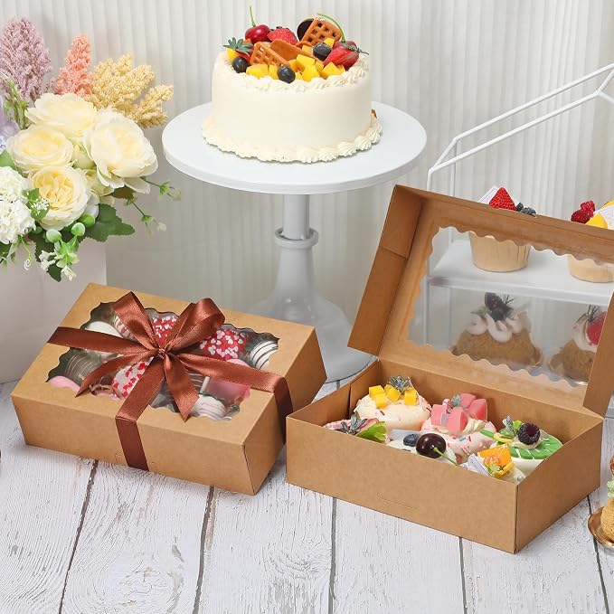 COTOPHER Auto Pop Up Cookie Box with Window 9x6x2.5 Inches – 50 Pack Brown Bakery Boxes with Ribbon for Birthday Party Favors, Wedding, Christmas Gift Packaging for Cookies, Candy, Macarons