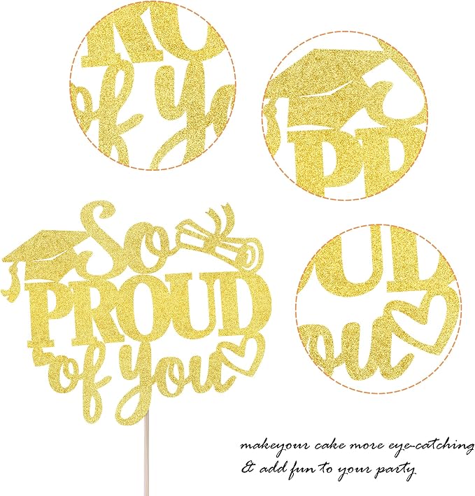 1 Pack So Proud of you Cake Topper with Gold Glitter Diploma Graduation Cap Cake Pick Contrats Class of 2024 Cake Decorations for 2024 Graduation Theme High School Boys Girls Graduate Party
