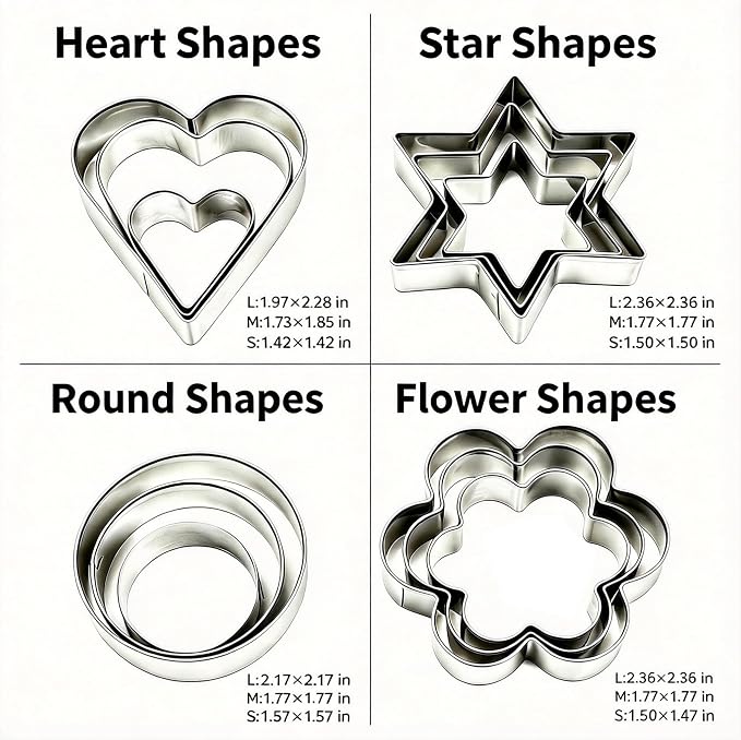 Stainless Steel Cookie Cutters Set 12 Pcs, Star, Flower, Heart, Round Shapes Cookie Cutters Variety Pack for Home Party Holiday Baking