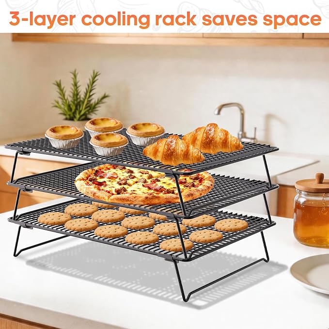 3-Tier Stackable Cooling Rack, 17"x11" Heavy Duty Wire Baking Rack | 100PCS Parchment Paper,Oven Safe Multiuse cookie cooling rack for Pizza,Cake, Bread, Cupcake, Bacon