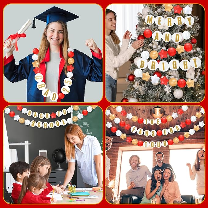 Simgoing 103 Pcs DIY Giant Friendship Bracelet Lei Kit Extra Large Beads Garland Jumbo Birthday Friendship Banner Kit Famous Singer Customizable Party Decor for Classroom(Red White Gold)