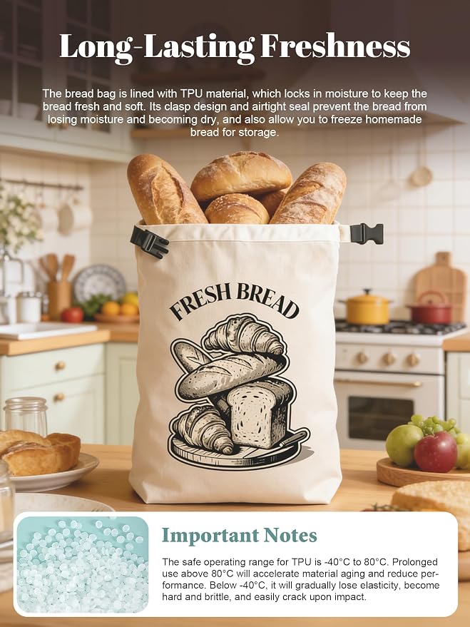 3 Pcs Reusable Bread Bag for Homemade Bread, 17x13 ‘’ XL Linen Cotton Sourdough Bread Storage Bags with TPU Lining, Kitchen Essentials Sourdough Bag with Roll-top Buckle to Keep Fresh Longer