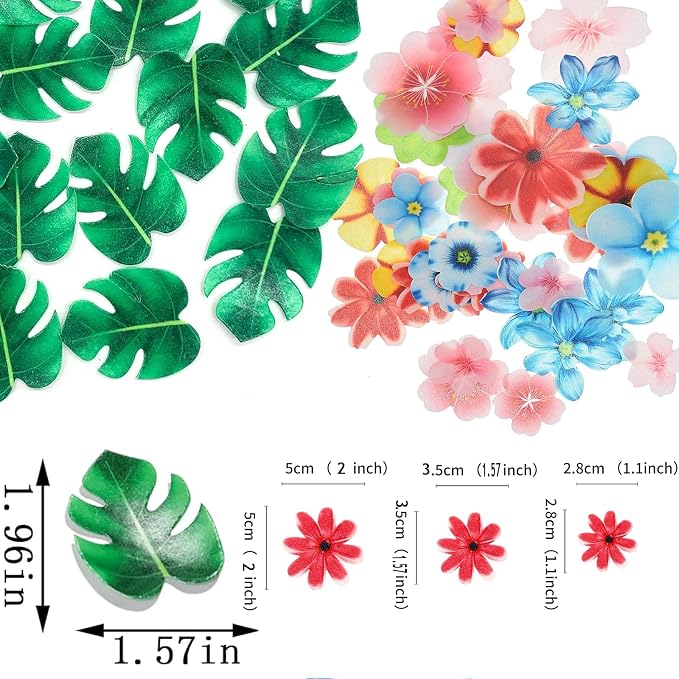 YOcity 83pcs Monstera Tropical Leaves Flowers for Cake Decoration Tropical Palm Leaves Flowers Cupcake Toppers for Jungle Hawaii Theme Baby Shower Kids Birthday Party Supplies