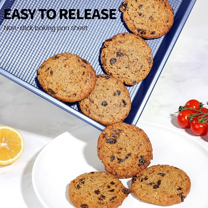 Vinino Baking Sheet Set of 3, Cookie Sheets For Baking with Square Texture Pattern, Thicker Carbon Steel Non-stick Baking Pan Half/Quarter/Jelly Roll Pans Tray for Oven-Blue