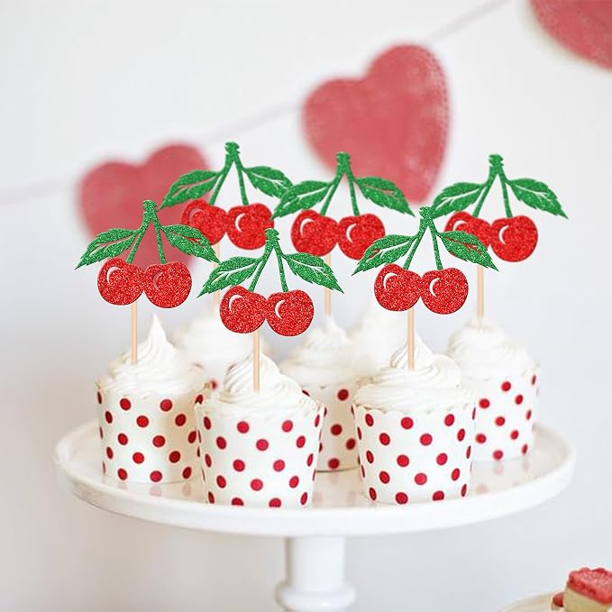 24 PCS Cherry Cupcake Toppers Red Glitter Fruit Theme Sweet Cherry Cupcake Picks for Cherry Theme Baby Shower Kids Birthday Party Cake Decorations Supplies
