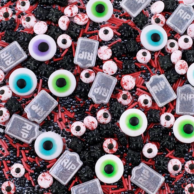Morofme 3.5 oz Eyeball Sprinkles Halloween Edible Eyes Tombstone Spider Bloody Eyes Red Edible Eyeballs Sprinkles Mix Black Red Jimmies Candy Eyeballs Eyes Sprinkle for Cake Decorating Dessert Cookie
