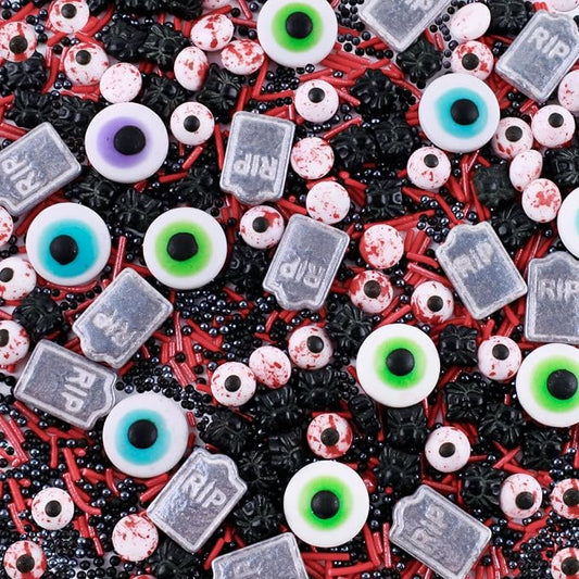 Morofme 3.5 oz Eyeball Sprinkles Halloween Edible Eyes Tombstone Spider Bloody Eyes Red Edible Eyeballs Sprinkles Mix Black Red Jimmies Candy Eyeballs Eyes Sprinkle for Cake Decorating Dessert Cookie