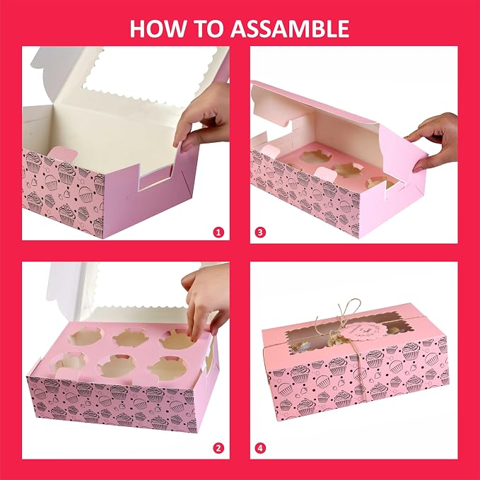 Cupcake Boxes with Insert trays (Pack of 20), Pink Cupcake Carrier, Food Grade Bakery Boxes with Windows and Inserts to Fit 6 Cupcakes Muffins or Pastries