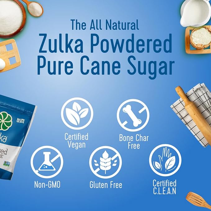 Zulka Powdered Pure Cane Sugar, 1 lb Resealable Bag – Non-GMO, Certified Vegan, Bone Char Free Confectioners Sugar for Baking, Frosting, and Glazes