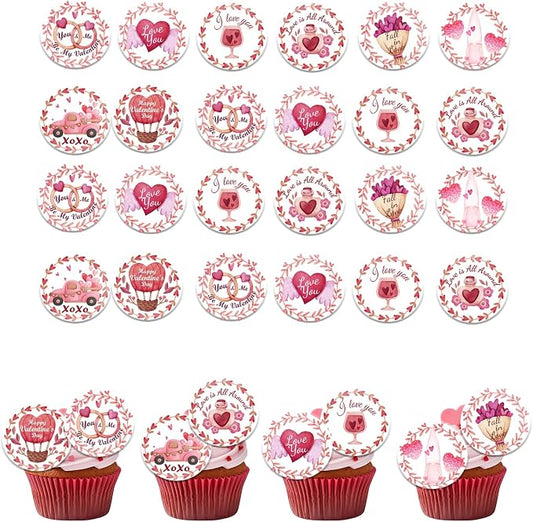 48PCS Edible Happy Valentine's Day Cupcake Toppers Wafer Paper I Love You Cupcake Picks Be My Valentine Cake Decor for Valentine's Day Theme Party Decor Supplies