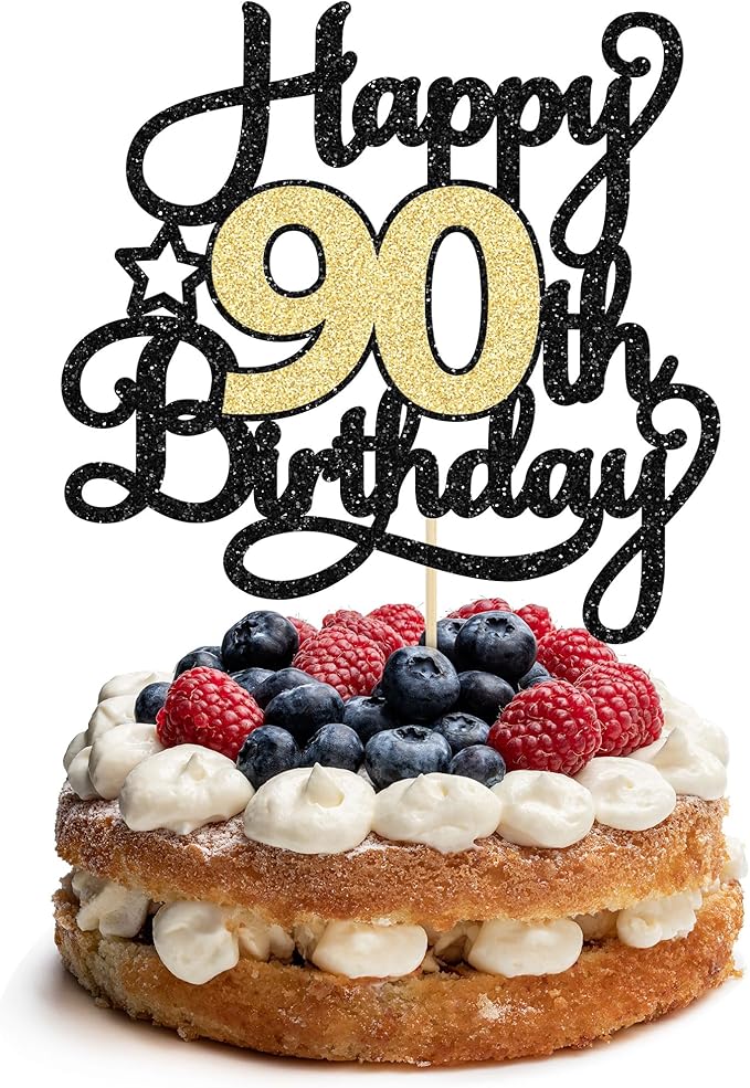1Pc Happy 90th Birthday Cake Topper Black Gold Glitter Cheers to 90 Years Birthday Cake Pick 90 Fabulous Cake Decoration for Happy 90th Birthday Anniversary Party Cake Decorations Supplies