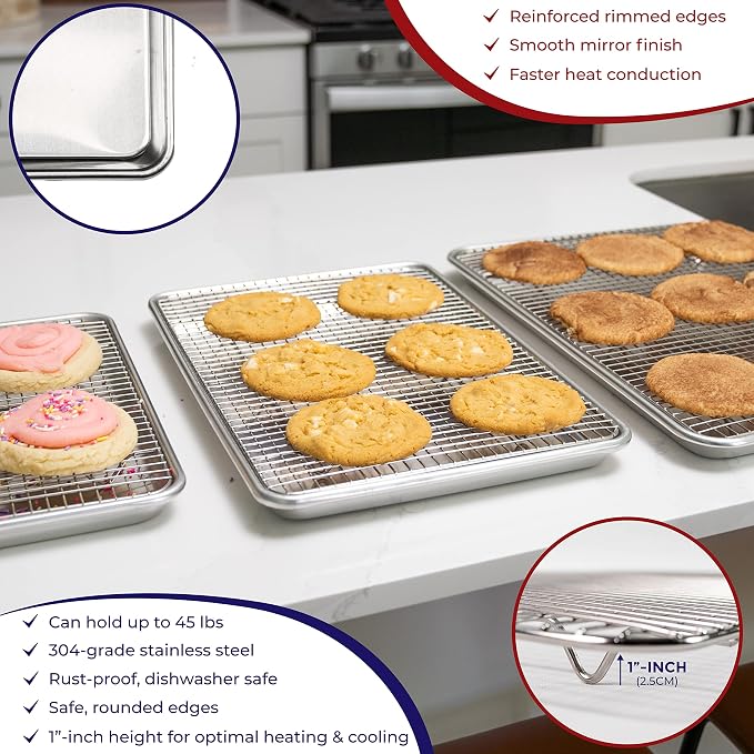 KITCHENATICS Jelly Roll Baking Pan and Rack Set Nonstick 10.6x15.6 | Aluminum tray and stainless steel rack combo used together or apart for baking, cooling or roasting