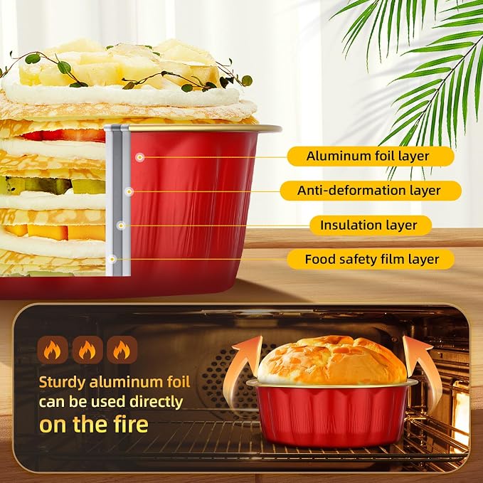 Beasea 8oz Disposable Ramekins with Lids, 120 Pack 235ml Aluminum Foil Baking Cups, Round Muffin Mini Creme Brulee Cups Tins Individual Cupcake Containers for Party Wedding - Red Gold