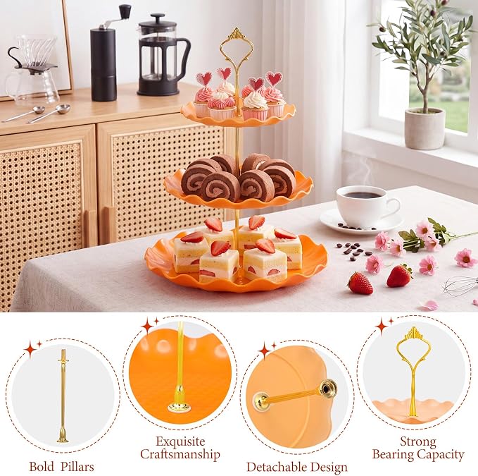 FoldTier 6 Pack Cupcake Stand Set 3 Pcs 3 Tier Gradient Dessert Table Display Stands Cookie Tray Rack 3 X14 in Rectangle Party Trays for Wedding Birthday Tea Party Baby Shower(Orange,Round)
