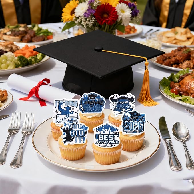63 PCS Edible 2026 Graduation Cupcake Toppers Congrats Grad Cap Cupcake Picks Edible Diploma Done You Did it Cake Decorations for Class of 2026 Graduation Theme Party Decorations Supplies Black Blue