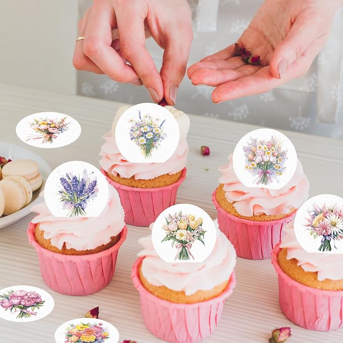 36PCS Edible Flower Bouquet Cupcake Toppers Wafer Paper Roses Daisy Lavender Flower Bouquet Decorations Flower Theme Party Birthday Baby Shower Party Supplie