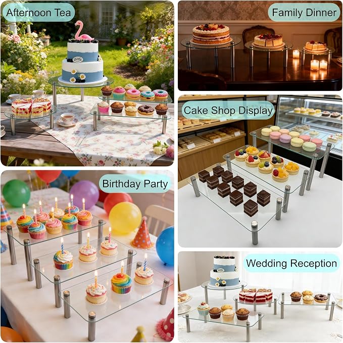 6 Pack Tempered Glass Cake Stands Set 9 11 13 Inch Round & Rectangular Cupcake Stand Dessert Display Riser Serving Platter Plate for Decoration Table Party Wedding Baby Shower