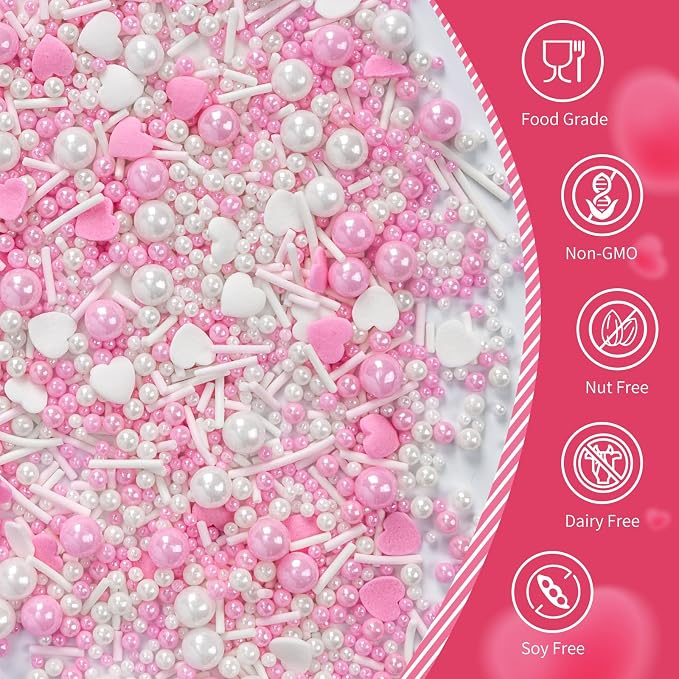 Edible Heart Sprinkles for Cake Decorating,White Pink Pearl Sugar Jimmies Mix Size 130g/4.58oz,Baking Candy Decorations,Cupcake Toppers,Cookie Donuts Ice Cream Dessert Decorating,Wedding Birthday Party Supplies
