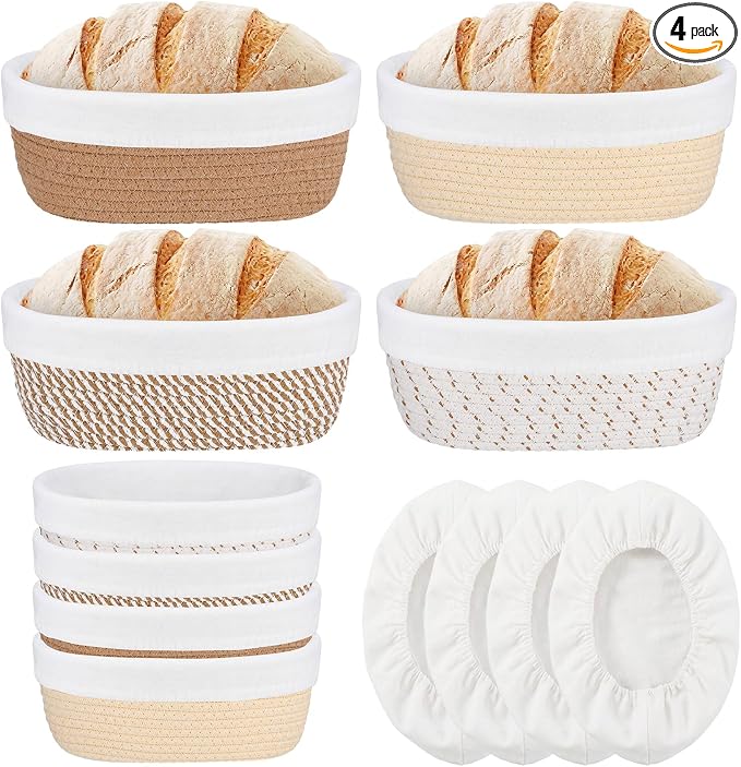 4 Pcs 10 Inch Cotton Rope Banneton Bread Proofing Basket Set Oval Banneton Basket Sourdough Bread with Liners Covers for Baking Supplies (Earth Tones)