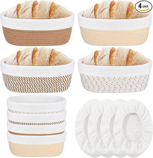 4 Pcs 10 Inch Cotton Rope Banneton Bread Proofing Basket Set Oval Banneton Basket Sourdough Bread with Liners Covers for Baking Supplies (Earth Tones)