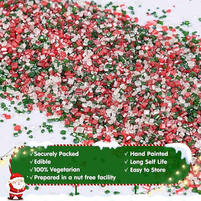 Edible Sanding Sugar Sprinkles,150g,Edible Red Green and White Sprinkle for Cake Decorating,Colored Crystals Sprinkle Mix for Cookies,Donuts,Ice Cream,Fondant Cake,Caramel Apples,Cupcakes Decoration Topper,Desserts,Wedding Birthday Party Supplies